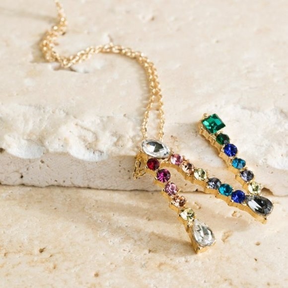 Multicolored Rhinestone Initial Necklace - Picture 12 of 16